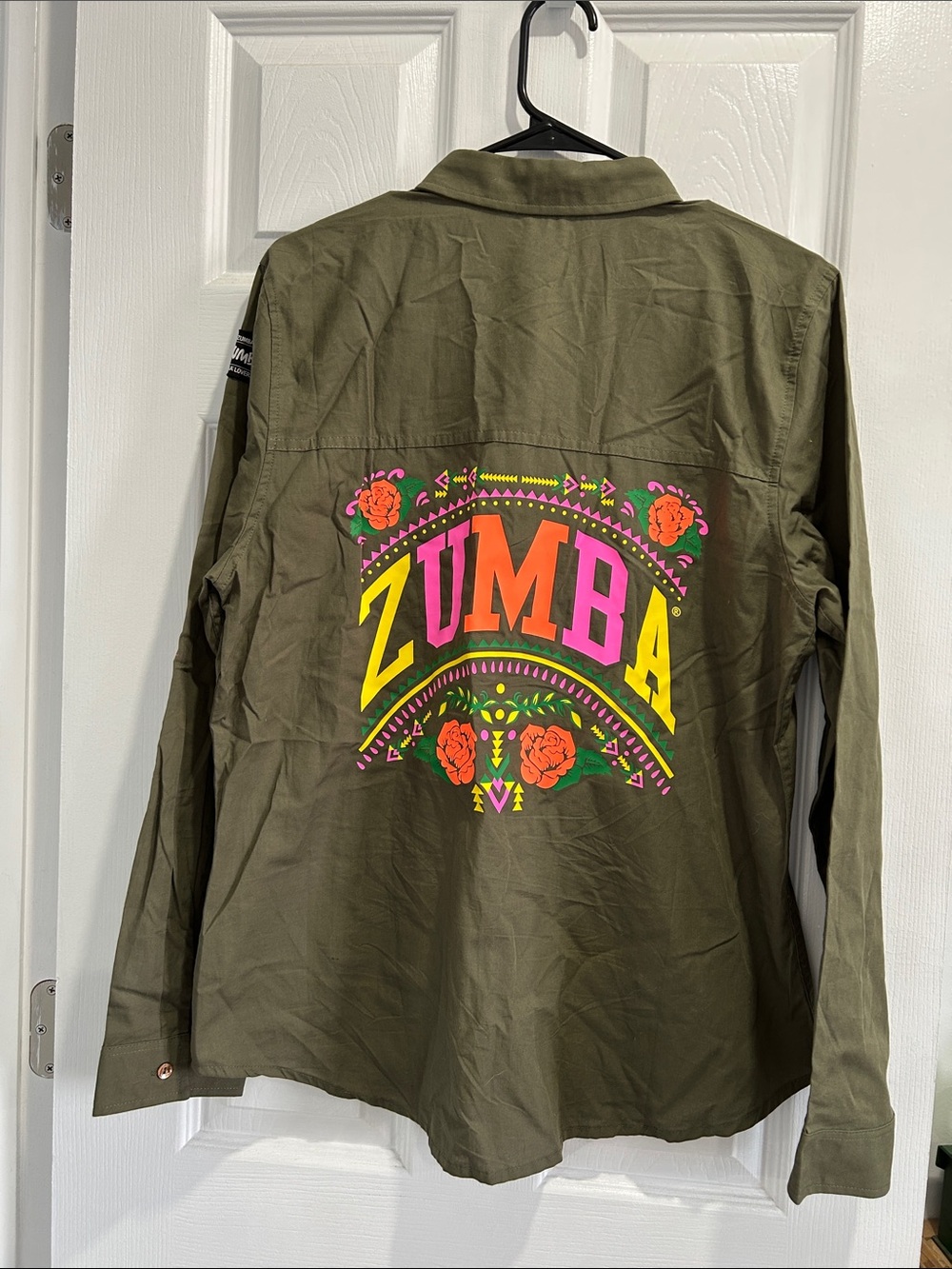 NWOT Zumba Fitness Olive Button-Down with Neon Floral Back Logo